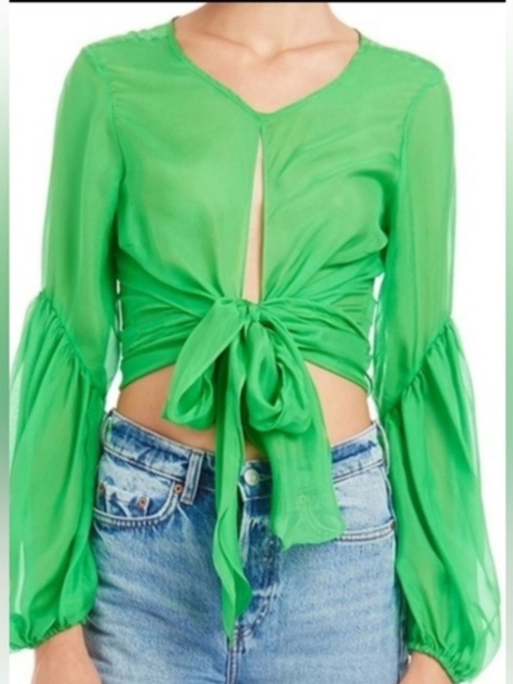 Amanda Uprichard Silk Tie Front Blouse Green Balloon Sleeve Crop Top S Chic - Picture 4 of 11